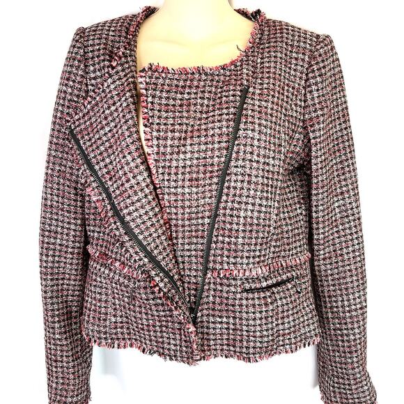 WHBM Red Black Tweed Fringe Moto Style Asymmetrical Zip Blazer Jacket Size 4 - Picture 3 of 16